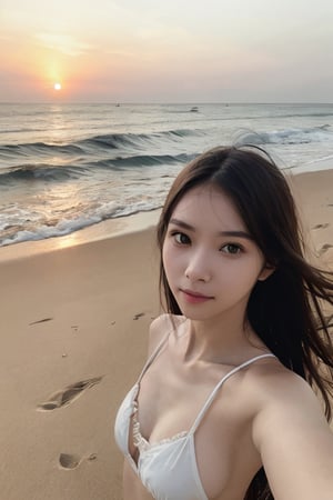 1girl,  selfie, sea, wind, messy hair, hazy dawn, beach,liona