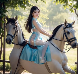 8k, (outdoor forest scene),trees, foggy,
20 yo, 1girl, beautiful girl, (wearing beautiful light blue hanfu (white transparent)),cape(white transparent),(riding a horse:1.4),shining bracelet, smile, solo, {beautiful and detailed eyes}, dark eyes, calm expression, natural and soft light, delicate facial features, ((model pose)), Glamor body type, (dark hair:1.2), simple tiny earrings,very_long_hair,hair past hip, bang,straight hair, flim grain, masterpiece, Best Quality, 16k, photorealistic, ultra-detailed, finely detailed, high resolution, perfect dynamic composition, beautiful detailed eyes, eye smile, sharp-focus, full_body,, cowboy_shot, Bomi,ancient_chinese_indoors,horse,riding,horseback_riding,1girl, (view from front:1.4), 1 girl 