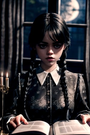 photo, gothic art, abstract:1.5, upper body, 1girl, wednesday addams braids sitting in a glorious luxurious gothic manor window, reading ancient spell book, bright moonlight, at night, long hair, gothic dress, colorful:1.5, symmetrical, masterpiece, 8k, very detailed, charming, sensual, mysterious, centered, lace patterns, candles, flames, 8k,Jenna Ortega ,Whandinha ,Wednesday Addams
