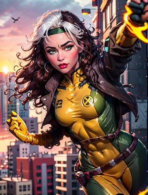official art,extremely detailed CG unity 8k wallpaper, perfect lighting,Colorful, facial portrait, sexy stare, smirked, fighting stance, top of city, sunset, wind:1.1, long hair,breasts,brown hair,green eyes,lipstick,makeup,lips,white hair,two-tone hair,headband,wavy hair,large breasts,messy hair,curly hair,big_hair, yellow bodysuit,jacket,gloves,belt,yellow gloves,green bodysuit,bodysuit,multicolored bodysuit,superhero, skin tight,multicolored clothes, crossed_arms, flying over the city, fly:1.3, floating:1.3, CARTOON_X_MENs_Rogue