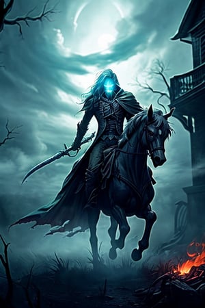 In the quiet, eerie darkness of Sleepy Hollow, a legend takes form, a tale whispered among the townsfolk with trepidation and fascination. It's a story of the Headless Horseman, a spectral jinete whose spectral presence haunts the hollow, and whose headless form strikes terror into the hearts of all who encounter it.

The Horseman's origins are shrouded in mystery, as the mist that often cloaks the woods surrounding Sleepy Hollow. Some say he was once a Hessian soldier who met his gruesome end during the American Revolutionary War, decapitated by a cannonball on the battlefield. Others speak of dark magic and curses that gave rise to his unnatural existence. Regardless of the tale one chooses to believe, the Headless Horseman is a haunting embodiment of terror.

The Horseman's appearance is a ghastly spectacle. His imposing, spectral figure is swathed in tattered, blackened garments, which flow like a sinister cape as he rides through the night. His form is both ethereal and menacing, a dark silhouette against the inky backdrop of the Hollow.

Of course, the most unsettling aspect of the Horseman's appearance is the void where his head should be. His neck is a gaping wound, a testament to the violent end he met. Some say that within the depths of the wound, one can glimpse an eerie, otherworldly light, a spectral flame that burns eternally. It is a sight that freezes the blood of those unfortunate enough to see it.

The Horseman's mode of transportation is equally ghastly. He rides a massive, demonic steed, coal-black and possessed by a furious, supernatural strength. This ghoul of a horse moves with a thunderous gallop, its hooves echoing like the drumming of doom. As the Horseman charges through the darkness, his steed's fiery eyes gleam with malevolent intelligence.

His weapon of choice is a jagged, bloodstained broadsword, a menacing instrument of doom. It is said to be capable of cleaving through anything in its path, be it flesh or bone. The Horseman wields it with an uncanny precision, striking terror into the hearts of those who cross his path.

The Horseman's presence is often heralded by the chilling sound of a hollow, otherworldly laughter. This eerie cackling echoes through the night, sending shivers down the spines of anyone who hears it. It's a sound that chills the soul and signals the approach of the spectral jinete.

His purpose is a dark and enigmatic one. The Horseman is said to be a vengeful spirit, seeking retribution for a gruesome and unjust end. Some say he seeks the head of any unfortunate soul who crosses his path, as a macabre replacement for his own lost skull. Others believe he serves as a harbinger of doom, an omen of death and disaster for those who dare to remain in Sleepy Hollow.

Encounters with the Headless Horseman are fraught with peril. Those who find themselves in his path are pursued relentlessly, their only hope of escape being the swiftest of horses or the break of dawn, which sends the jinete retreating to the shadows. There are tales of those who have faced the Horseman and lived to tell the tale, forever haunted by the memory of his terrible visage.

In Sleepy Hollow, the legend of the Headless Horseman is a constant presence, a reminder of the darkness that lingers in the night. He is a spectral figure, a malevolent jinete who rides through the Hollow, casting a shadow of fear and dread over the land. His tale is one of horror and mystery, a legend that will continue to haunt the dreams of those who dare to dwell in Sleepy Hollow, a chilling testament to the enduring power of the supernatural and the macabre.