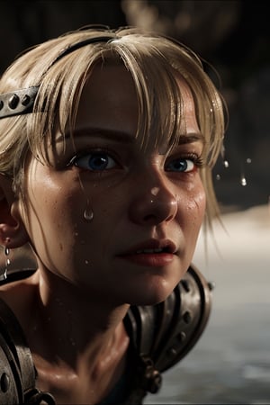 Photorealistic image of astrid, caught in water drops, looking at the viewer, in the style of cryengine, pegi nicol macleod, realistic genre scenes, hauntingly beautiful narratives, ultra realistic, thomas saliot, close up,group_squeez,erection,cartoon ,Astrid Hofferson