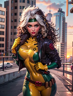 official art,extremely detailed CG unity 8k wallpaper, perfect lighting,Colorful, facial portrait, sexy stare, smirked, fighting stance, top of city, sunset, wind:1.1, long hair,breasts,brown hair,green eyes,lipstick,makeup,lips,white hair,two-tone hair,headband,wavy hair,large breasts,messy hair,curly hair,big_hair, yellow bodysuit,jacket,gloves,belt,yellow gloves,green bodysuit,bodysuit,multicolored bodysuit,superhero, skin tight,multicolored clothes, , CARTOON_X_MENs_Rogue, bouncing breasts