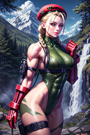 sfr1v, facial portrait, sexy stare, smirked, fighting stance, mountains, birds, trees, waterfall, hodoken,cammy, cammy white,hat,long hair,beret,braid,twin braids,gloves,green leotard,blue eyes,fingerless gloves.scar,highleg leotard,antenna hair,highleg,lips,red gloves,muscular,red headwear,large breasts,camouflage,thick thighs,covered navel,thong leotard,muscular female,abs,scar on face,thigh strap,bare shoulders,bodypaint, sf6,cammy_green_bodysuit_aiwaifu