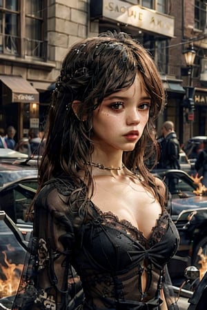 photo, gothic art, abstract:1.5, upper body, 1girl,  long hair, gothic dress, colorful:1.5, symmetrical, masterpiece, 8k, very detailed, charming, sensual, mysterious, centered, lace patterns, flames, 8k,Jenna Ortega 