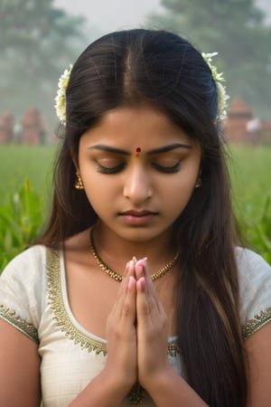 half body shot, young woman, 20yrs old ((foggy indian temple))), at dawn, she is in the grass in ffront of the temple, ((closed eyes)),(((Only the face enters the camera))), (Focus on the face),
Indian young woman,,Pure and restrained girl, ,(a very beautiful and innocent ), High resolution, realistic and delicate high texture,Warm and realistic delicate texture,
She is Praying in the temple, flowers in hair, 
r3al,Indian girl ,Indian,lactating