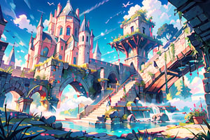 A fantastical landscape featuring a large rock formation suspended above the clouds. Atop the formation, there is a castle and various structures. Lush greenery surrounds the pools and pathways, blending nature with medieval architecture. The sky is bright blue with large, fluffy clouds, creating a whimsical, otherworldly atmosphere.