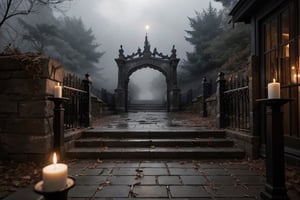 black and white photoreal night shot with lots of fog. Image of a large stone staircase with steps slightly lit by candles leading to a gate. Fog, shrubs, leafless branches, gloomy and distressing environment, candlelight
,photorealistic,rfktrfod,zxsmk, Dark_Mediaval