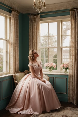 A beautiful blonde woman in an elegant ball gown sits gracefully by the window, surrounded by roses and soft lighting. The room is adorned with vintage furniture, creating a romantic atmosphere reminiscent of old Hollywood glamour. She has her hair styled into classic waves, adding to its timeless elegance. A painting hangs on one wall depicting pink flowers and greenery, enhancing the overall ambiance. This scene captures the essence of romance and luxury in the style of an old Hollywood film. Photorealistic,