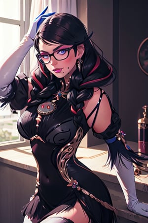 official art,extremely detailed CG unity 8k wallpaper, perfect lighting,Colorful, facial portrait, sexy stare, smirked, fighting stance, dungeons background, glasses,blue_eyes,black_hair,long_hair,two-tone_hair,twintails,breasts,jewelry,earrings,gloves,mole_under_mouth,lips,large_breasts,twin_braids,makeup,black-framed_eyewear,bodysuit,elbow_gloves,very_long_hair,lipstick,multicolored_hair,ribbon,amulet,hair_ribbon,dress,thighhighs,white_gloves,eyebangs,clothing_cutout, bayonetta_3_twintail_aiwaifu