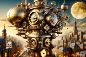 Streampunk themed, Clockwork  in a city, zepellin fly by sky, steampunk machinery, landscape, yellow and gold moon, dark skies, more_details:1.5

,ste4mpunk,DonMSt34mPXL,HZ Steampunk