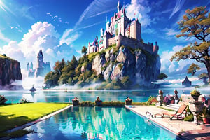 A fantastical landscape featuring a large rock formation suspended above the clouds. Atop the formation, there is a castle and various structures. Lush greenery surrounds the pools and pathways, blending nature with medieval architecture. The sky is bright blue with large, fluffy clouds, creating a whimsical, otherworldly atmosphere.