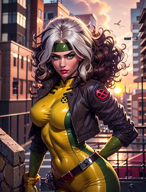 official art,extremely detailed CG unity 8k wallpaper, perfect lighting,Colorful, facial portrait, sexy stare, smirked, fighting stance, top of city, sunset, wind:1.1, long hair,breasts,brown hair,green eyes,lipstick,makeup,lips,white hair,two-tone hair,headband,wavy hair,large breasts,messy hair,curly hair,big_hair, yellow bodysuit,jacket,gloves,belt,yellow gloves,green bodysuit,bodysuit,multicolored bodysuit,superhero, skin tight,multicolored clothes, arms_crossed, serious look, looking at viewer, CARTOON_X_MENs_Rogue