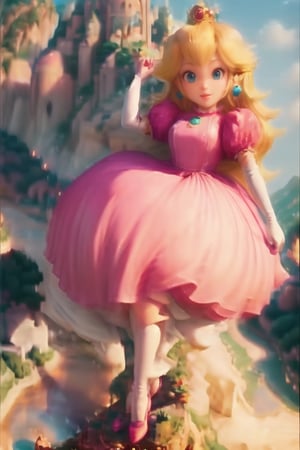 Peach_SMP, , memewaifu, 1girl, solo, dress, heels, curvy body, mushroom kingdom, castle, smile, masterpiece, highres, detailed foreground, mushroom field, jumping over a bridge,   ,princess_peach,Peach_SMP,floating in the air,xuer flies over,,,,<lora:659111690174031528:1.0>,<lora:659111690174031528:1.0>