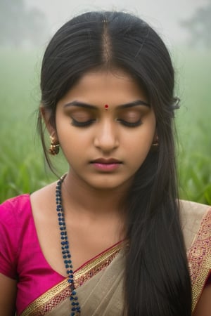half body shot, young woman, 20yrs old ((foggy indian temple))), at dawn, she is in the grass in ffront of the temple, ((closed eyes)),, (Focus on the face),
Indian young woman,,Pure and restrained girl, ,(a very beautiful and innocent ), High resolution, realistic and delicate high texture,Warm and realistic delicate texture,
She is Praying in the temple, flowers in hair, 
r3al,Indian girl ,Indian,lactating,aesthetic portrait,greg rutkowski