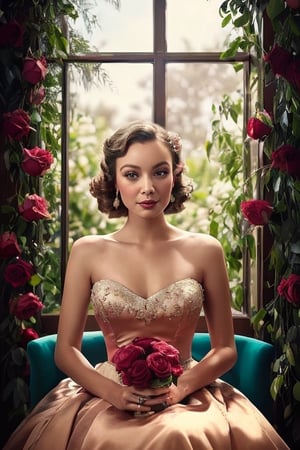 ((portrait shot)), A beautiful blonde woman in an elegant ball gown sits gracefully by the window, surrounded by roses and soft lighting. The room is adorned with vintage furniture, creating a romantic atmosphere reminiscent of old Hollywood glamour. She has her hair styled into classic waves, adding to its timeless elegance. A painting hangs on one wall depicting pink flowers and greenery, enhancing the overall ambiance. This scene captures the essence of romance and luxury in the style of an old Hollywood film. Photorealistic,jazmin,photorealistic