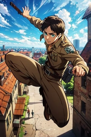 masterpiece, best quality, solo, 1boy, eren_yeager, green eyes, brown hair, paradis military uniform blue eyes, attack on Titan uniform, jumping from the roof, using his fly equipment,  Attack on titan town background, eren_jaeger,High detailed ,eren_yeager,Color magic