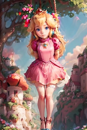 nsfw:1.2, Peach_SMP, , memewaifu, to, 1girl, solo, dress, heels, mushroom kingdom, castle, smile, masterpiece, highres, detailed foreground, mushroom field, arms behind back, bound, front view, rope, full body, hanging,  (feet off the ground:1.3), 1girl,,princess_peach,Peach_SMP,hanging,arms behind back,  suspension, suspension,