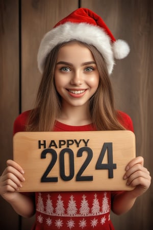 A girl ,holding a wooden board with text "Happy 2024" text,illustration,ultra-detailed,realistic,vivid colors,hdr,sharp focus,studio lighting,beautiful detailed eyes,beautiful detailed lips,longeyelashes,medium,AiArtV,christmas