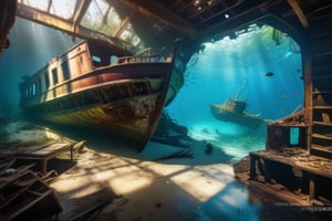 (stunning masterpiece: 1.3), ((12k HDR)), ((under water)), A photo of a marine scientist diver studying remains of a ship, the keel is sunk to the bottom, the ship is split in half, Creatures of Deep waters that inhabit the area, adding to the ominous atmosphere, Lurk in the shadows, Inside and outside the twisted metal wreckage. The colors of the place are muted and gloomy, with rusty metal and rotting wood creating a sense of decay and neglect. Although the surface of the water is calm, ((sun rays)), ((Brilliant diamond splatter)), swirl of air bubbles, sharp focus, intricate detail, high detail, digital art, bright beautiful splatter, sparkling, stunning digital art, interspersed with vibrant colors and surreal fantasy lighting, super detail, digital photography, 8k, sharp focus, ,no_humans,greg rutkowski