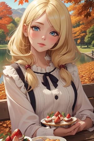 Masterpiece, highest quality, high brightness, 1girl , blonde  hair, long hair, hair ornament, nice dress, cute, masterpiece, eating strawberry shortcake, sitting, bench, nice park and lake, autum season, windy, leafs in the ground background