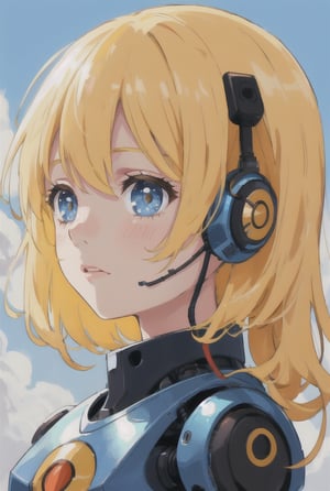 beautiful little girl, blonde, loose hair, 8 years old standing in front of a funny, futuristic looking worn-out robot staring into each other's eyes, profile view, photorealism, photographic look, RAW style, highly detailed, ultra high definition