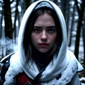 Masterpiece, Best quality, (1girl), (best quality), (masterpiece), (high resolution), (intricate details), (photorealistic), (cinematic light), busty, with a her sword at her hands, sitting on a stone in the middle of a winter forest, look into the distance, snowy wild forest, It's cold, it's snowing, beautiful face and slim body, ((steam from the mouth)), a deep look, thick fog, photorealism, photographic appearance, RAW style.,,<lora:659111690174031528:1.0>