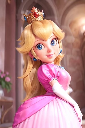 1girl, low(masterpiece:1.3), (high quality:1.3), (high detailed:1.3), 4k, photorealistic, ultradetailed body, 1 beautifull young princess peach Sitting on a great throne, long blonde hair, braids, (large neckline:1.4), dress and (short pink skirt:1.5) whit white panties, ((large breasts and big ass)), cowboy shot, white skin,princess_peach,Peach_SMPis,venusbody