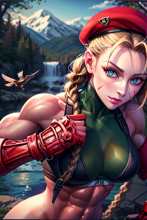 sfr1v, facial portrait, sexy stare, smirked, fighting stance, mountains, birds, trees, waterfall, hodoken,cammy, cammy white,hat,long hair,beret,braid,twin braids,gloves,green leotard,blue eyes,fingerless gloves.scar,highleg leotard,antenna hair,highleg,lips,red gloves,muscular,red headwear,large breasts,camouflage,thick thighs,covered navel,thong leotard,muscular female,abs,scar on face,thigh strap,bare shoulders,bodypaint, sf6,cammy_green_bodysuit_aiwaifu