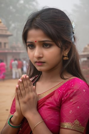 half body shot, ((foggy indian temple))),(looking at the audience),(((Only the face enters the camera))), (Focus on the face),
Indian girl,,Pure and restrained girl, ,(a very beautiful and innocent ), High resolution, realistic and delicate high texture,Warm and realistic delicate texture,
She is Praying in the temple, 
r3al,Indian girl ,Indian,lactating