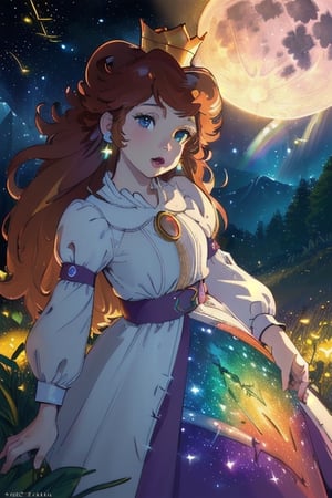 nsfw, (Masterpiece), (Best Quality), (Official Art, Highly detailed CG unity 8k wallpaper), (Very detailed), (((absurdes)), 1 Girl, Midshot, (exquisite facial features), ((Clean hands)), 1girl, brown hair, long hair, blue eyes, crown, earrings, lipstick Naked, nude, no_clothes, Stars in the Snow, Colorful glass, (album cover) expansive landscape photograph, (Up in the sky, Fields below), a girl standing on a flower field looking up, (full moon: 1.2), distant mountains, WOOD BREAK CRAFT ART, (warm light: 1.2), (Fireflies: 1.2), illumination, Lots of purple and orange, intriciate detail, Voluminous lighting, Realism BREAK (Masterpiece (Best Quality), 4k, The ultra-detailliert, (Dynamic composition: 1.4), Very detailed, Colorful Detail, (Rainbow color: 1.2), (Glow Lighting, Atmospheric lighting), Magical,behind a contellation of stars and meteorites,princesstoadstool