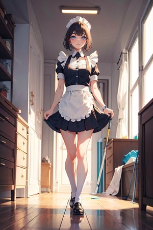 maid, uniform, short skirt, thin legs, thigh gap, cleaning the floor, full body view
