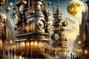 Streampunk themed, Clockwork  in a city, zepellin fly by sky, steampunk machinery, landscape, yellow and gold moon, dark skies, more_details:1.5

,ste4mpunk,DonMSt34mPXL,HZ Steampunk