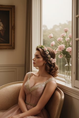 A beautiful blonde woman in an elegant ball gown sits gracefully by the window, surrounded by roses and soft lighting. The room is adorned with vintage furniture, creating a romantic atmosphere reminiscent of old Hollywood glamour. She has her hair styled into classic waves, adding to its timeless elegance. A painting hangs on one wall depicting pink flowers and greenery, enhancing the overall ambiance. This scene captures the essence of romance and luxury in the style of an old Hollywood film. Photorealistic,
