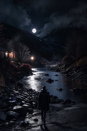 Haz que los antiguos del cuento de Lovecraft en las montañas de la locura, ambiente oscuro, Luz de la luna, noche cerrada, antorchas iluminan el lugar