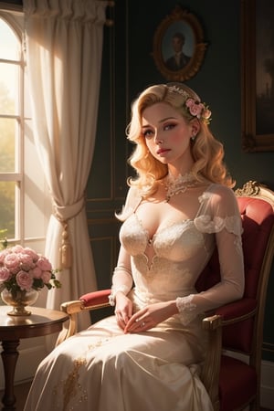 A beautiful blonde woman in an elegant ball gown sits gracefully by the window, surrounded by roses and soft lighting. The room is adorned with vintage furniture, creating a romantic atmosphere reminiscent of old Hollywood glamour. She has her hair styled into classic waves, adding to its timeless elegance. A painting hangs on one wall depicting pink flowers and greenery, enhancing the overall ambiance. This scene captures the essence of romance and luxury in the style of an old Hollywood film. Photorealistic,