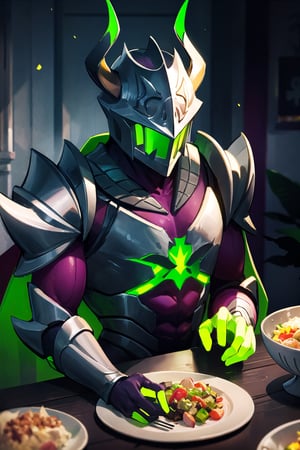 dark knight, armor, iron clothes, iron body, green horned and glowing helmet, iron arms, sitting, table eating, food, from the front, upper body,