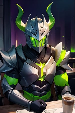dark knight, armor, armor, green chest, helmet with horns and green glow, iron arm holding a cup of coffee in a cafe, sitting, table, light, war of darkness,