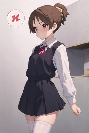 conceptual design, white background, 1girl, brown hair, short ponytail, small waist, school uniform, white shirt, medium skirt, black leg stockings, pissed, speech bubble, stars, brown eyes.,