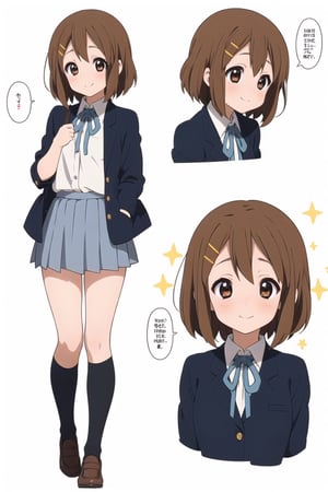 conceptual design, white background, 1girl, brown hair, short hair, small waist, small breasts, dark blue jacket, dark blue school uniform, white shirt, medium skirt, black leg stockings, full body, smiling, blushing, speech bubbles, stars, brown eyes.,yui hirasawa