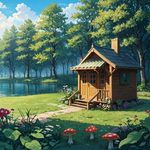 lake around forest with stone trees mushrooms grass flowers, mini house, very small,