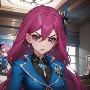 beautiful girl pink hair, black eyes, long hair, upper body, hair ornament, blue suit, indoor room, angry eyebrows, genshin chibi emote , 1 girl, clothes, lesley, high detail