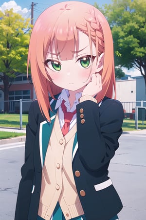 masterpiece, natsukawa aika, 1 girl, medium orange hair, green eyes, jealous face, flushed cheeks, casual attitude, hands behind head, head slightly up, eyes to the side, whistling mouth, school uniform, black jacket, skirt, upper body, light, outside school, trees, flowers,natsuaika,aika