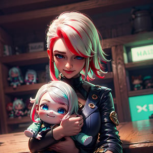 beautiful girl, white hair, red, colorful hair, blue eyes, short hair, upper body, light background, shy, holding a doll, 1 girl, clothes, high detail, happy