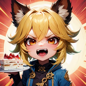 beautiful girl yellow hair, red eyes, extreme short hair, upper body, hair decoration, lightning, holding a piece of cake, mouth slightly open, angry eyebrows, very angry expression, fangs, happy, everywhere, animal ears, ears brown color, genshin chibi emote, 1 girl, clothes