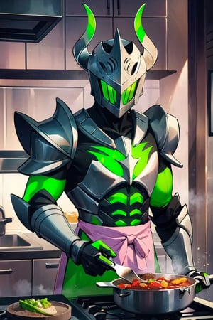 dark knight, armor, iron clothes, iron body, in the middle green chest, green horned and glowing helmet, iron arms, pink apron, in the kitchen, cooking utensils, cooking ingredients, stove, cooking, from the front, upper body,