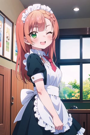 masterpiece, natsukawa aika, 1 girl, medium orange hair, green eyes, flushed cheeks, maid outfit, happy, one eye closed, indoors, window, wall decoration