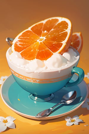 fruits on plate, cup, detail, floral orange background, no people,ISO_SHOP