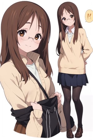 conceptual design, white background, 1girl, brown hair, long hair, small waist, school uniform, brown sweater, brown medium skirt, black leg stockings, smiling, full body, speech bubble, stars, brown eyes.,sawako yamanaka