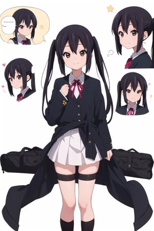 conceptual design, white background, 1girl, black hair, long twin ponytails, small waist, school uniform, black jacket, white shirt, medium skirt, black leg stockings, smiling, full body, speech bubble, stars, brown eyes., Azusa Nakano